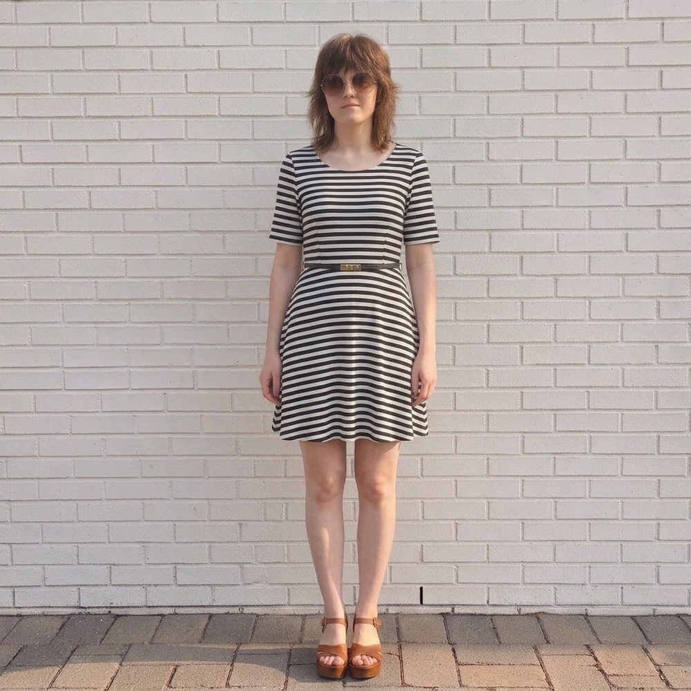 Fit and Flare Dress Womens Large Black Striped Belted Pockets Preppy Nautical